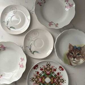 6pc Mismatched Vintage Plates, Saucers, Soup Bowls Demure Floral - Entertaining